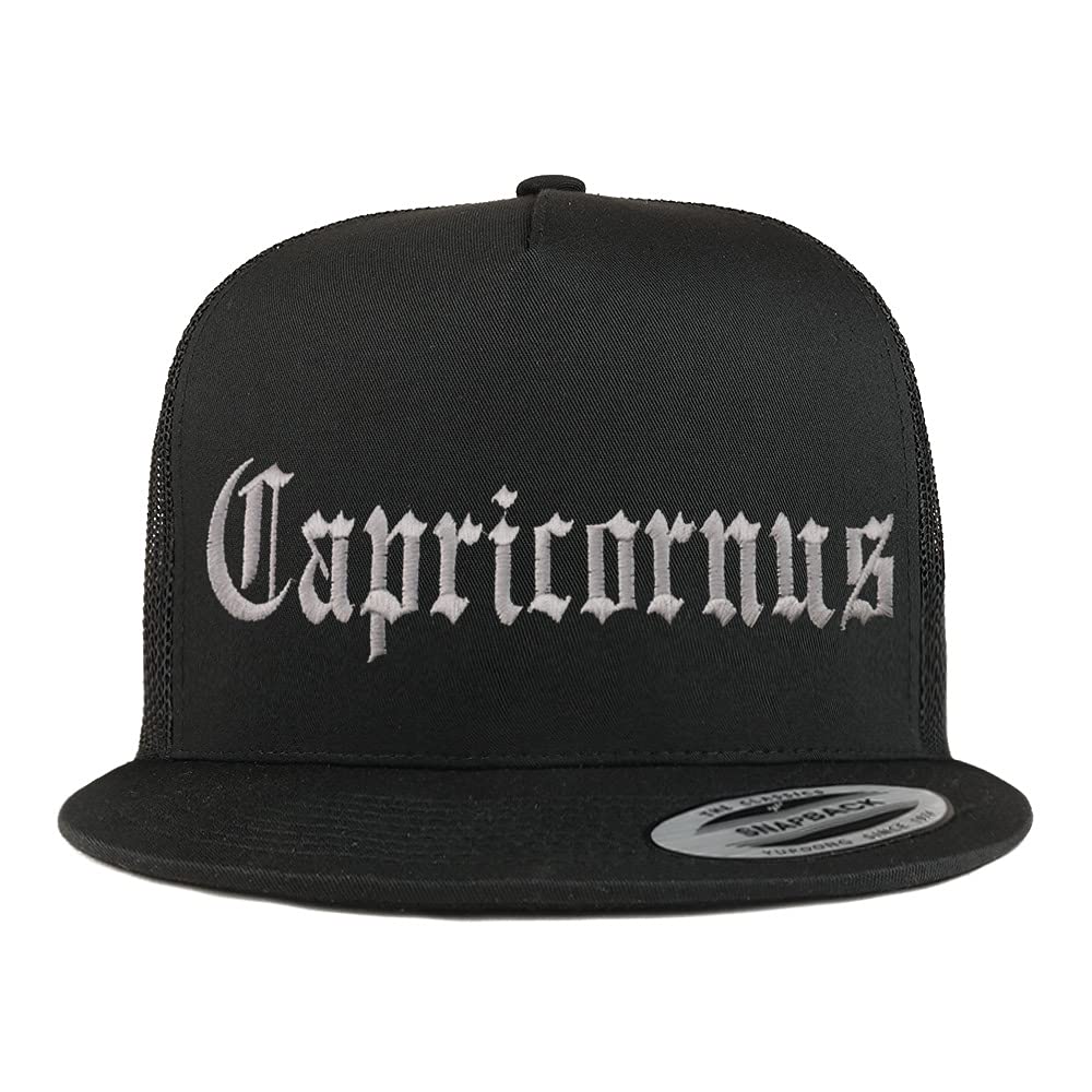 Trendy Apparel Shop Capricornus Old English 5 Panel Flatbill Trucker Cap