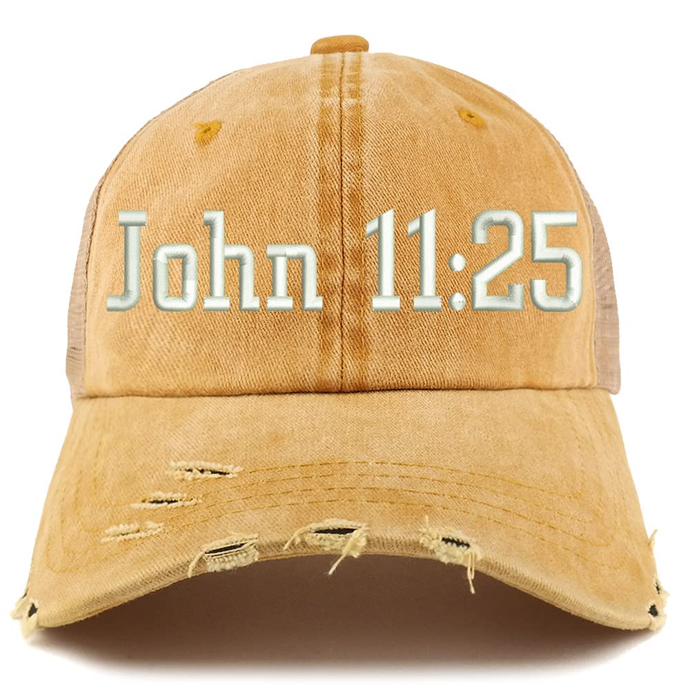 Trendy Apparel Shop John 11:25 Frayed Bill Trucker Mesh Back Cap