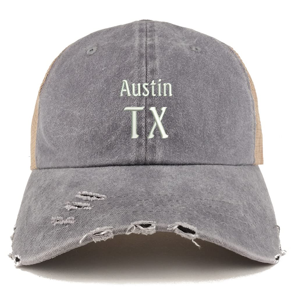 Trendy Apparel Shop Austin TX Embroidered Frayed Bill Trucker Mesh Back Cap