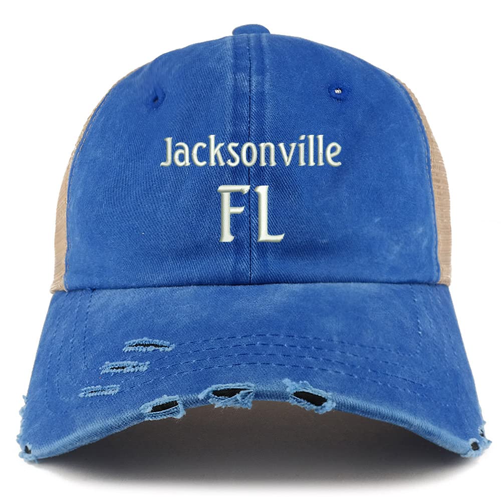 Trendy Apparel Shop Jacksonville FL Embroidered Frayed Bill Trucker Mesh Back Cap