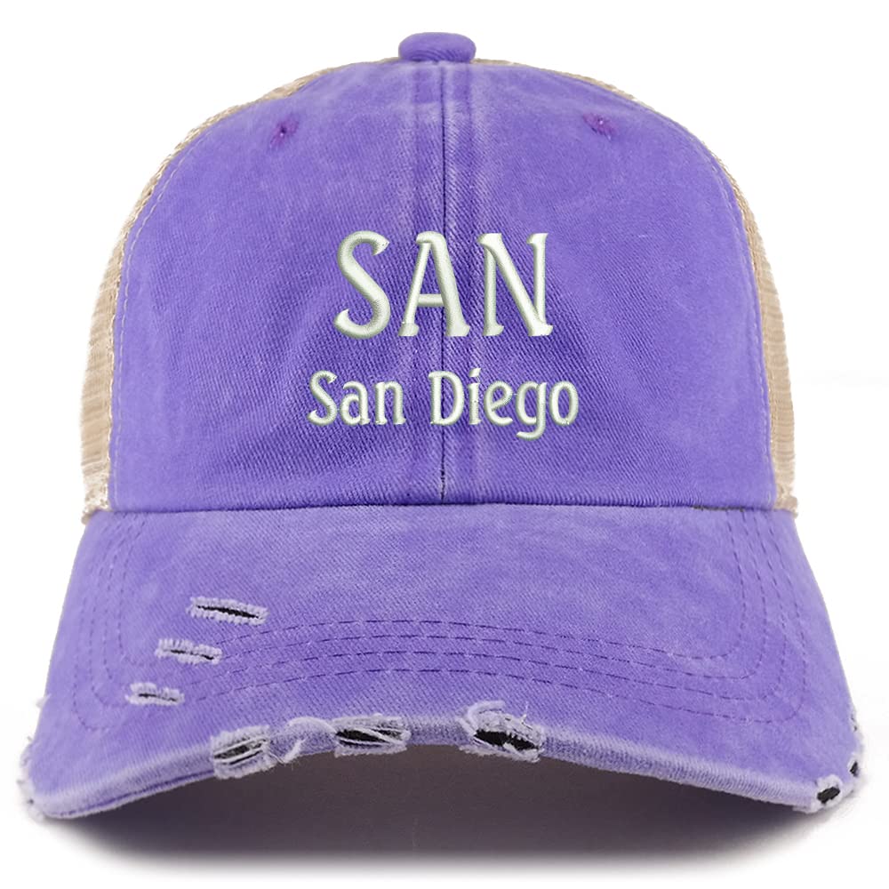 Trendy Apparel Shop SAN San Diego Embroidered Frayed Bill Trucker Mesh Back Cap