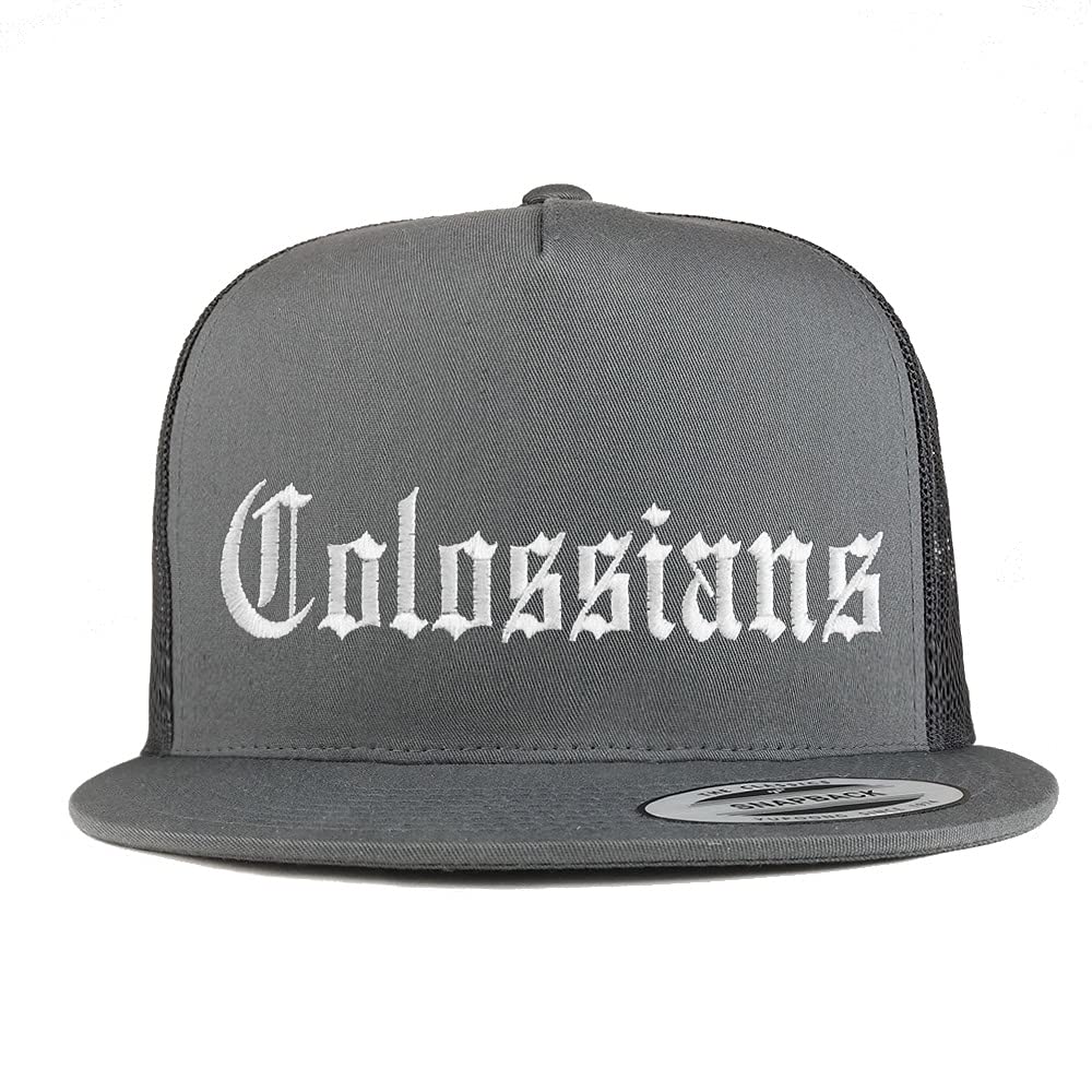 Trendy Apparel Shop Colossians Old English 5 Panel Flatbill Trucker Cap