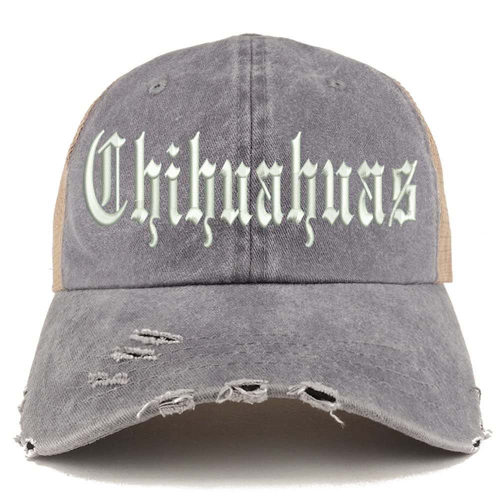 Trendy Apparel Shop Old English Chihuahuas Frayed Bill Trucker Mesh Back Cap