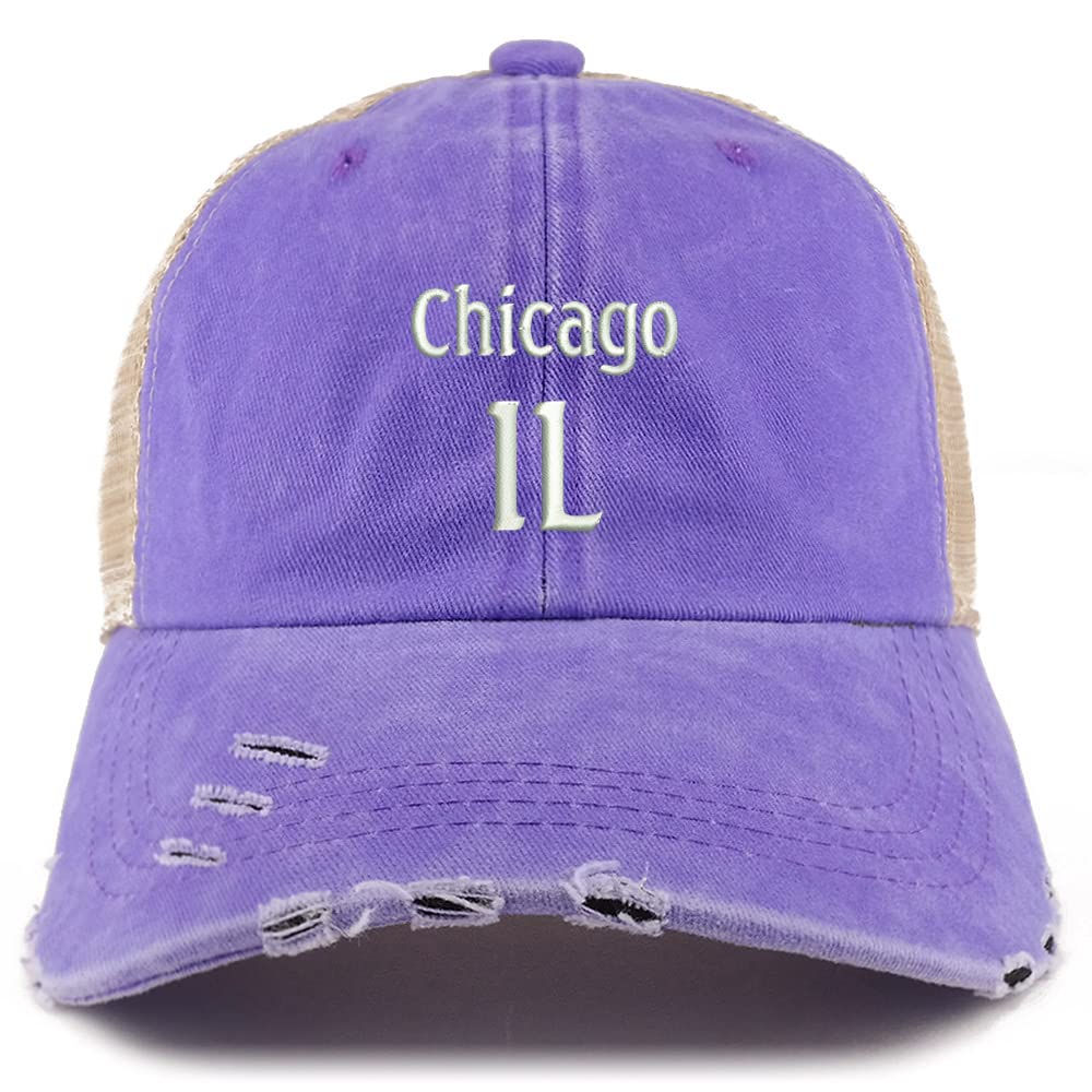 Trendy Apparel Shop Chicago IL Embroidered Frayed Bill Trucker Mesh Back Cap