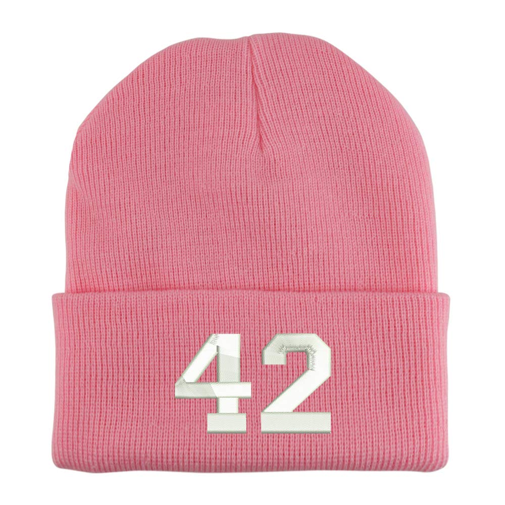 Trendy Apparel Shop Number 42 Collegiate Varsity Embroidered Made in USA Cuff Folded Acylic Knit Winter Beanie Hat