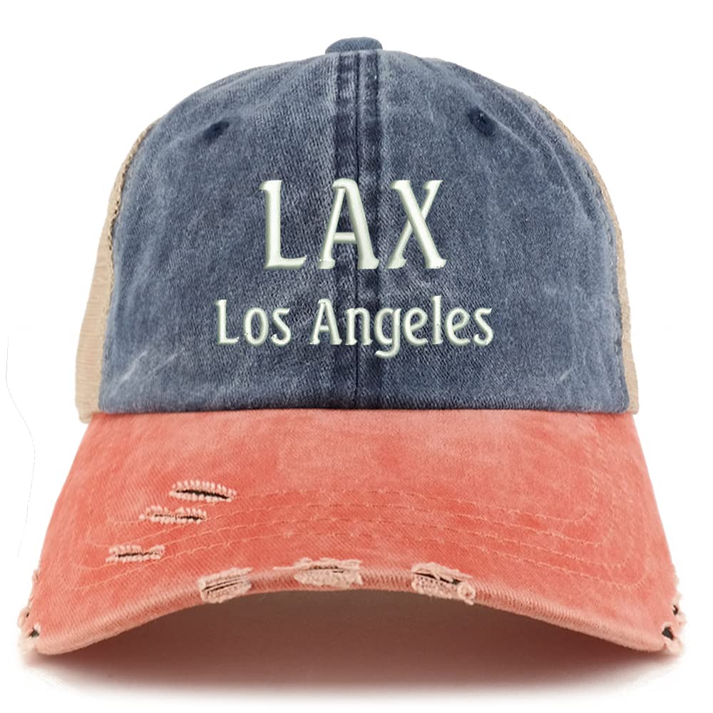 Trendy Apparel Shop LAX Los Angeles Embroidered Frayed Bill Trucker Mesh Back Cap