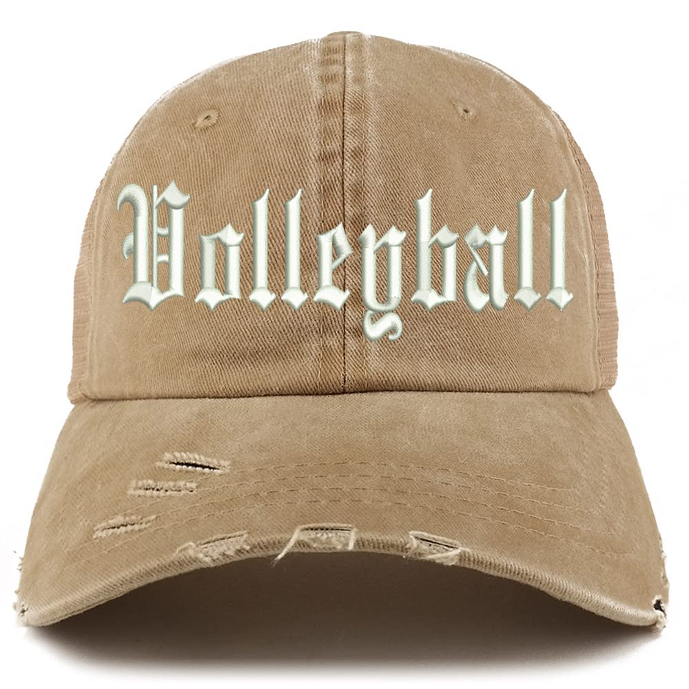 Trendy Apparel Shop Old English Volleyball Frayed Bill Trucker Mesh Back Cap