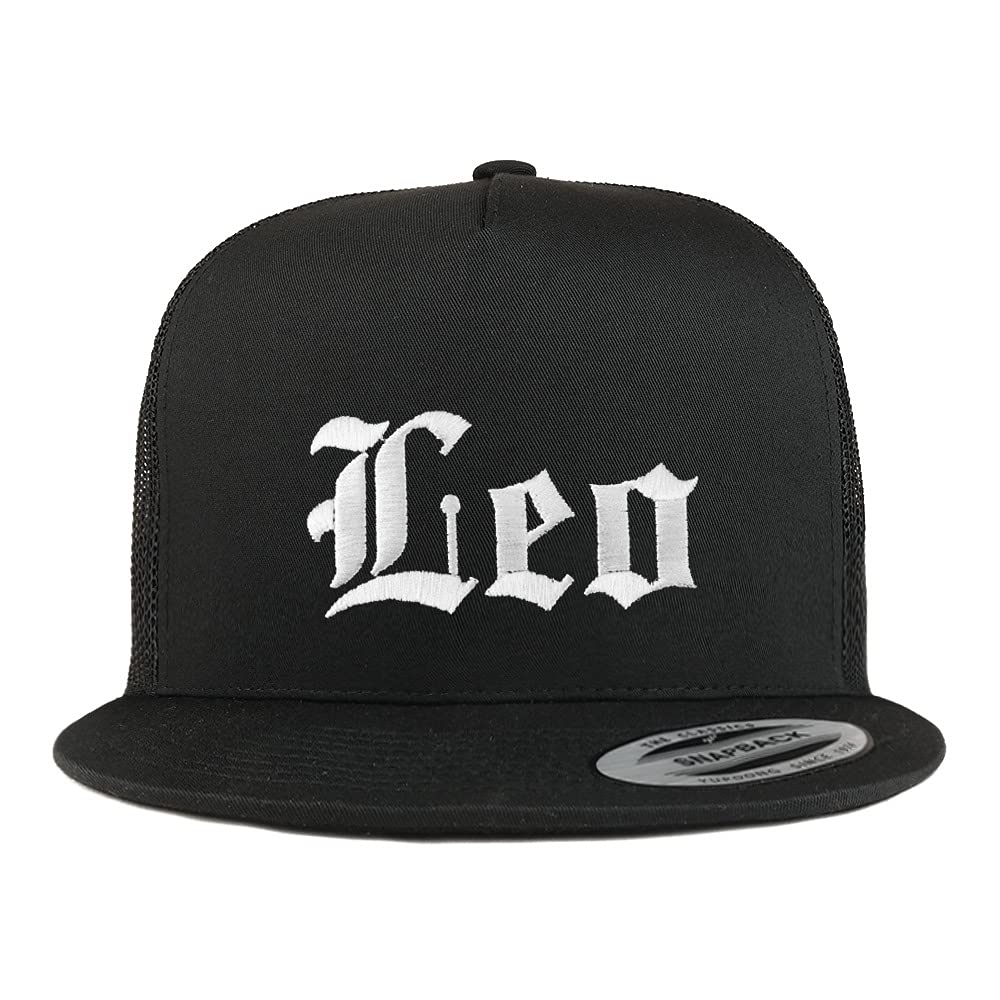 Trendy Apparel Shop Leo Old English 5 Panel Flatbill Trucker Cap
