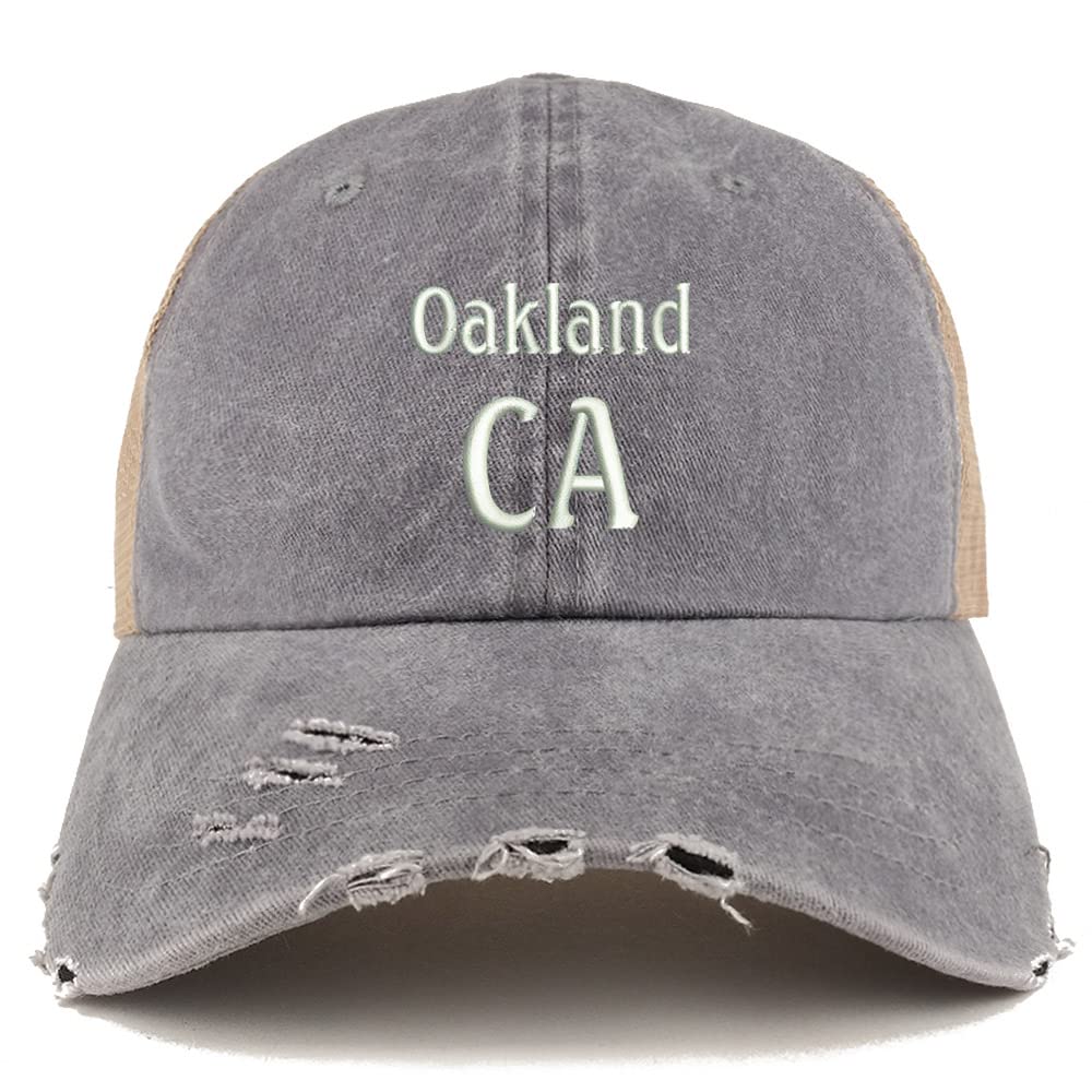 Trendy Apparel Shop Oakland CA Embroidered Frayed Bill Trucker Mesh Back Cap