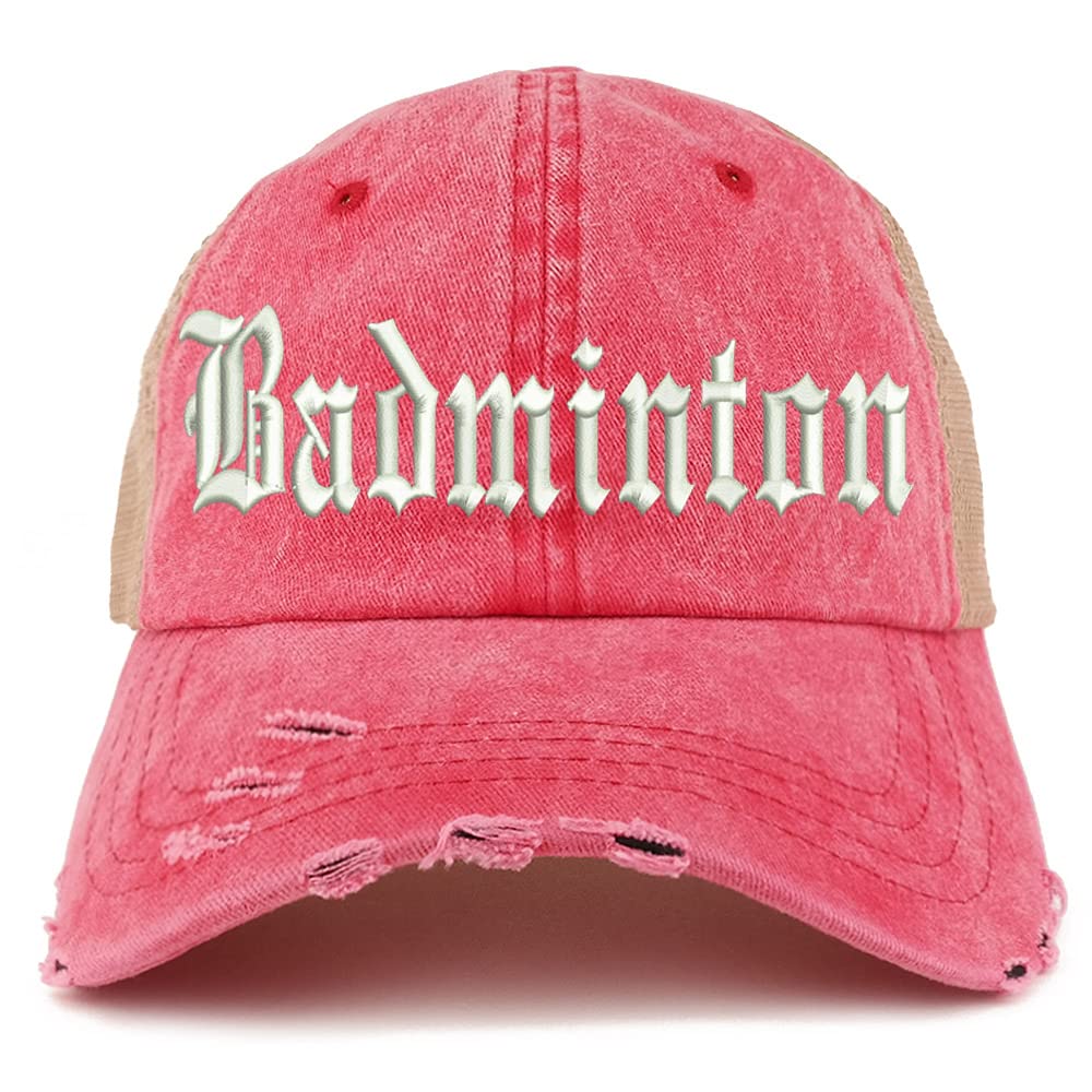 Trendy Apparel Shop Old English Badminton Frayed Bill Trucker Mesh Back Cap