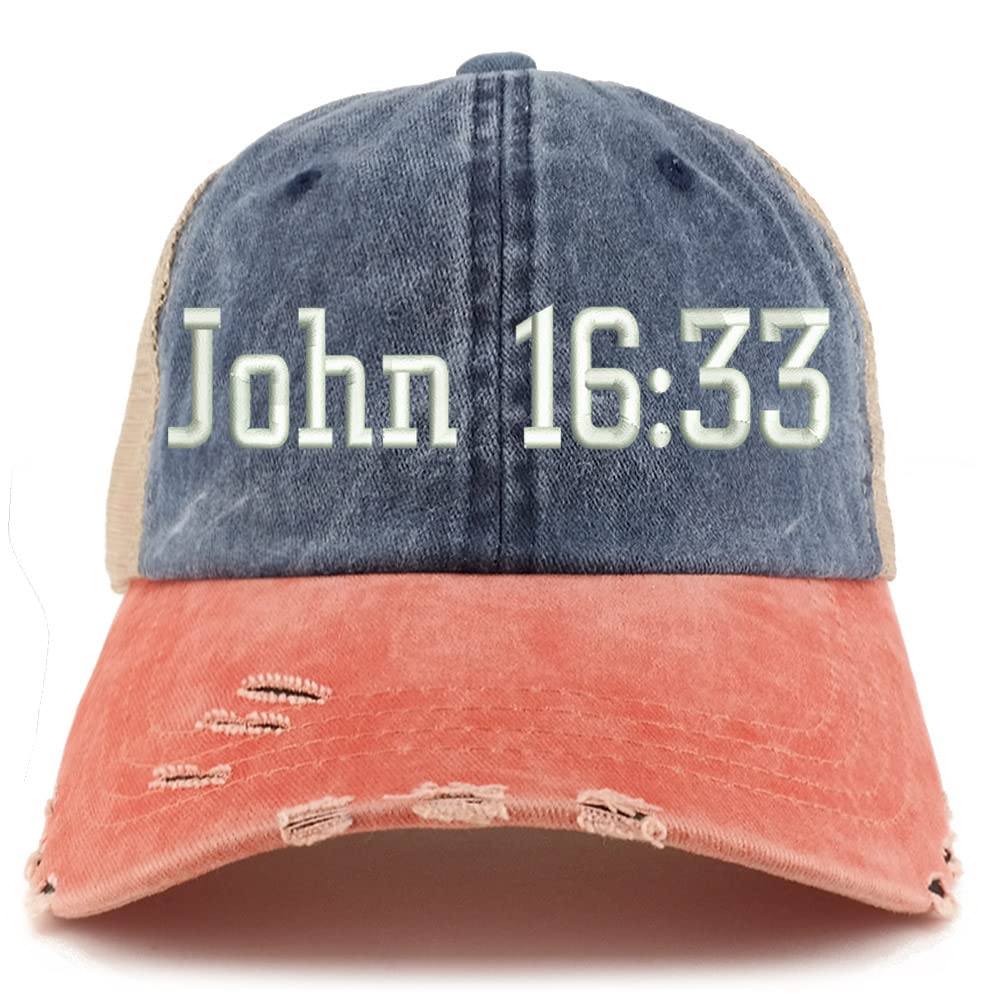 Trendy Apparel Shop John 16:33 Frayed Bill Trucker Mesh Back Cap