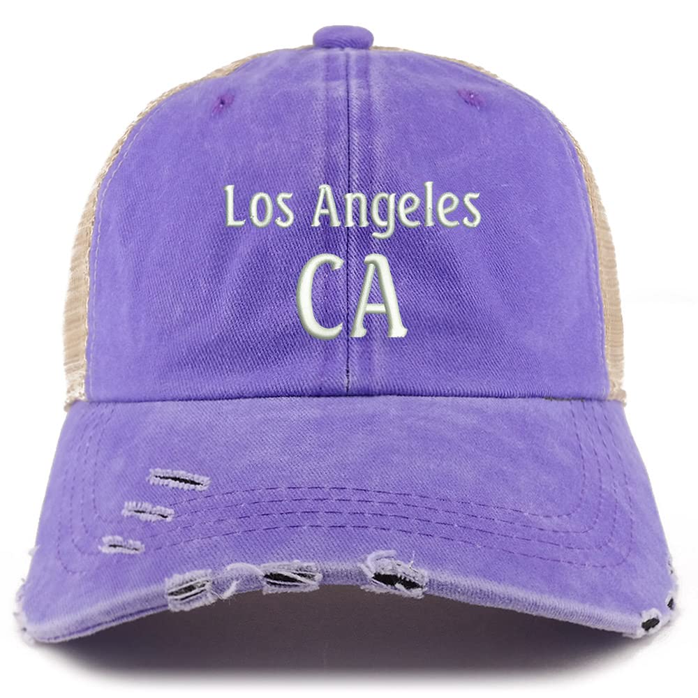Trendy Apparel Shop Los Angeles CA Embroidered Frayed Bill Trucker Mesh Back Cap