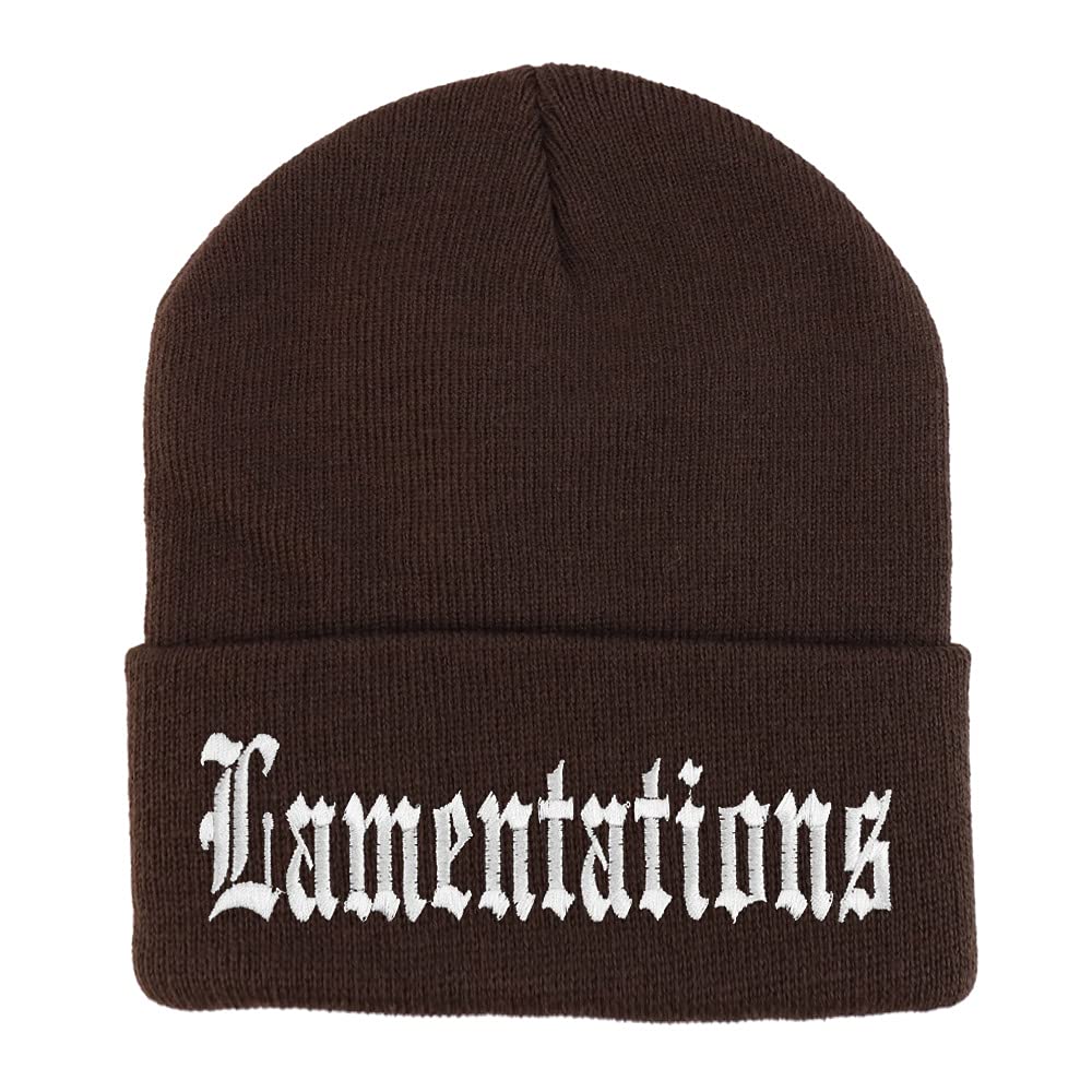 Trendy Apparel Shop Lamentations Old English Embroidered Long Cuff Beanie