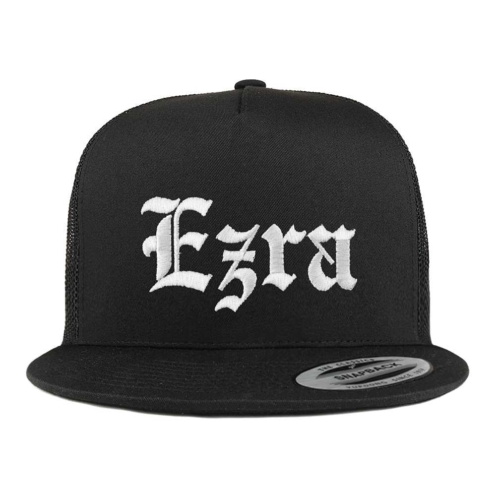 Trendy Apparel Shop Ezra Old English 5 Panel Flatbill Trucker Cap