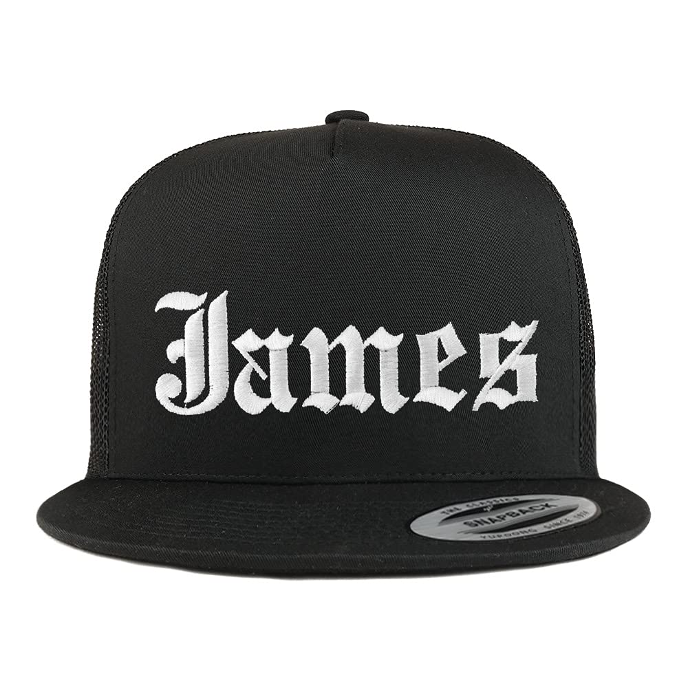 Trendy Apparel Shop James Old English 5 Panel Flatbill Trucker Cap