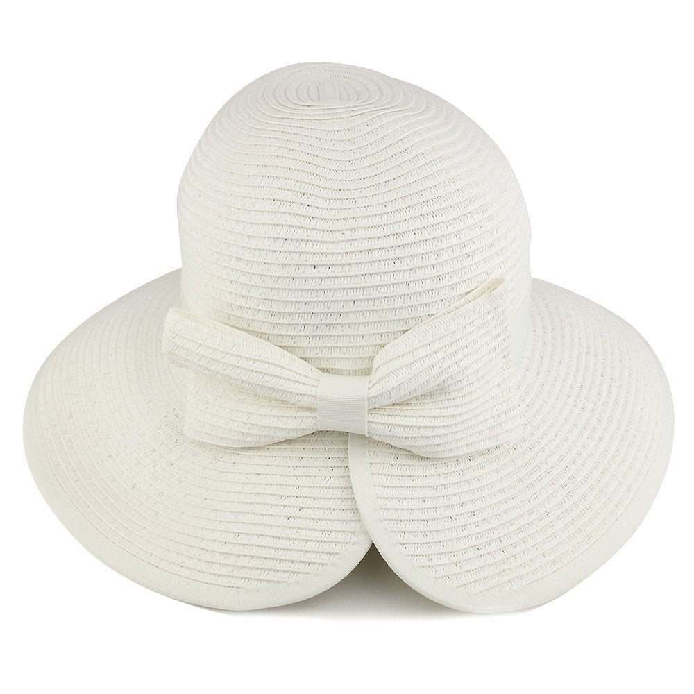 Trendy Apparel Shop UPF 50+ Ladies Split Brim Paper Braid Tweed Hat with Bow