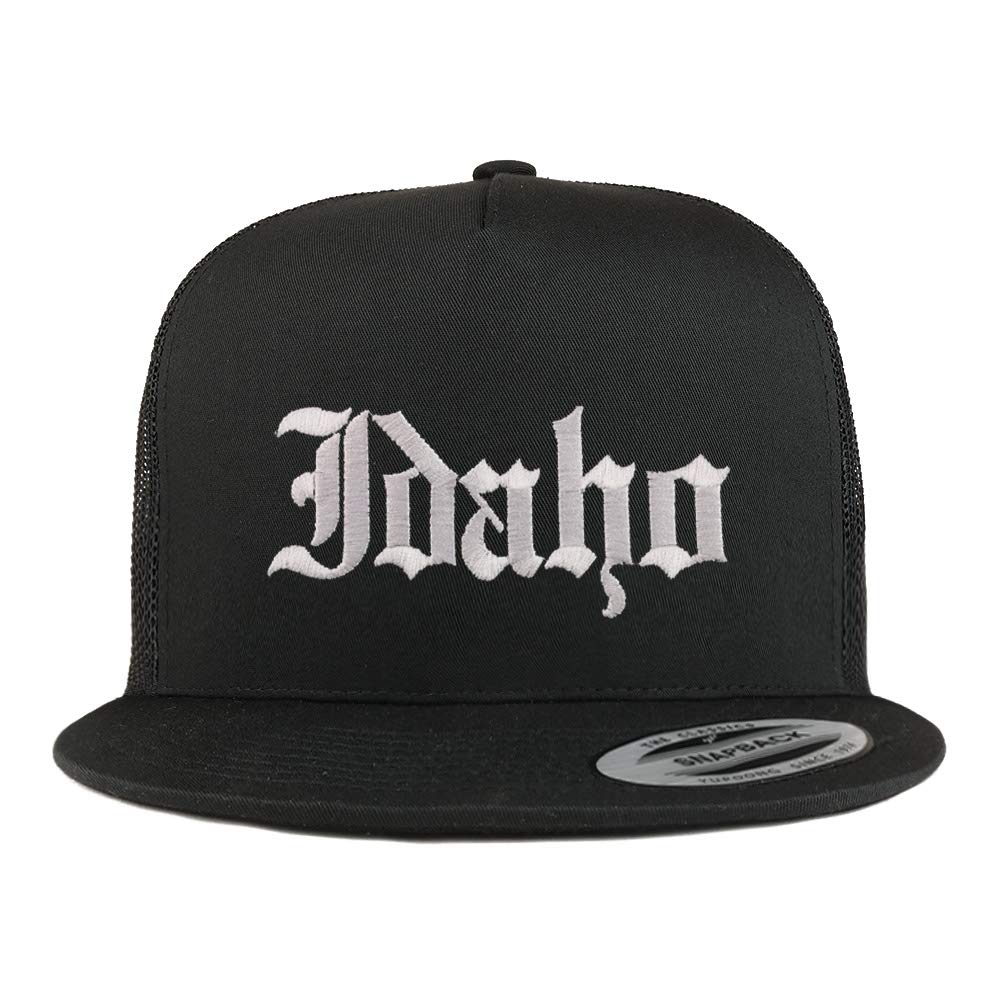 Trendy Apparel Shop Idaho State Old English 5 Panel Flatbill Trucker Mesh Cap
