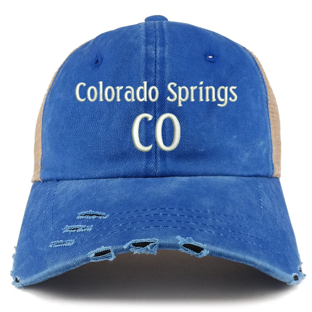Trendy Apparel Shop Colorado Springs CO Embroidered Frayed Bill Trucker Mesh Back Cap