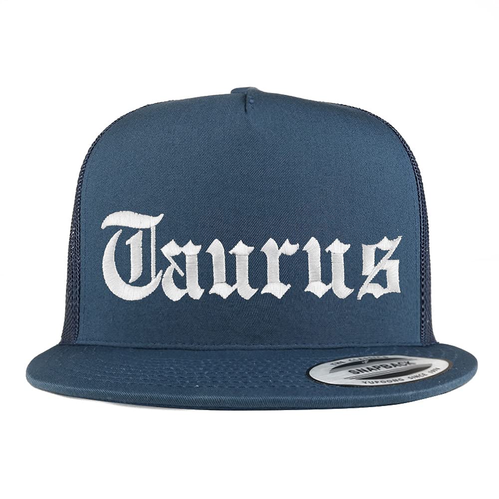Trendy Apparel Shop Taurus Old English 5 Panel Flatbill Trucker Cap