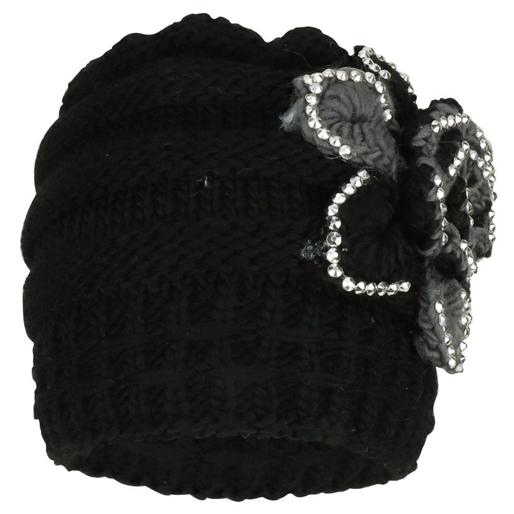 Trendy Apparel Shop Studded Floral Knitted Fleece Lined Beanie and Knit Scarf Set 2PC