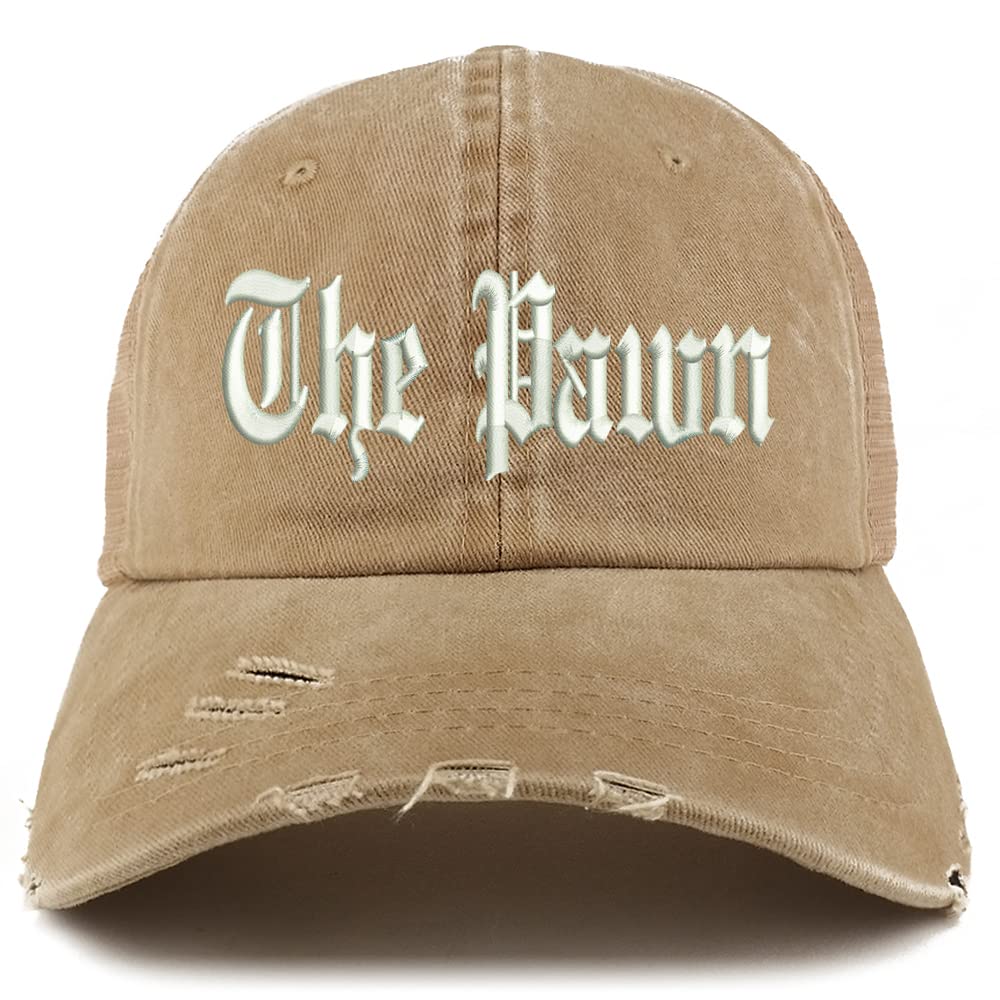 Trendy Apparel Shop The Pawn Old English Embroidered Frayed Bill Trucker Mesh Back Cap