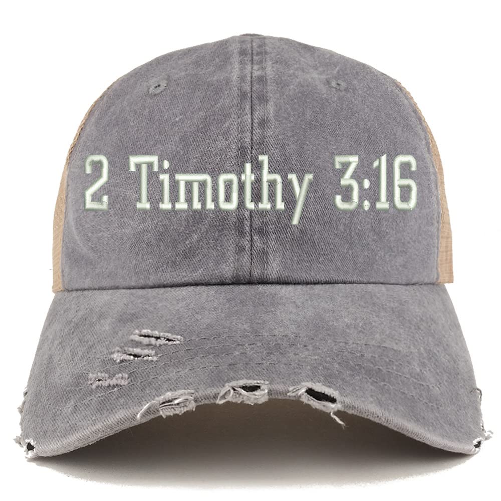 Trendy Apparel Shop 2 Timothy 3:16 Frayed Bill Trucker Mesh Back Cap