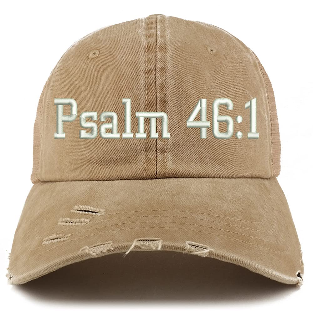 Trendy Apparel Shop Psalm 46:1 Frayed Bill Trucker Mesh Back Cap