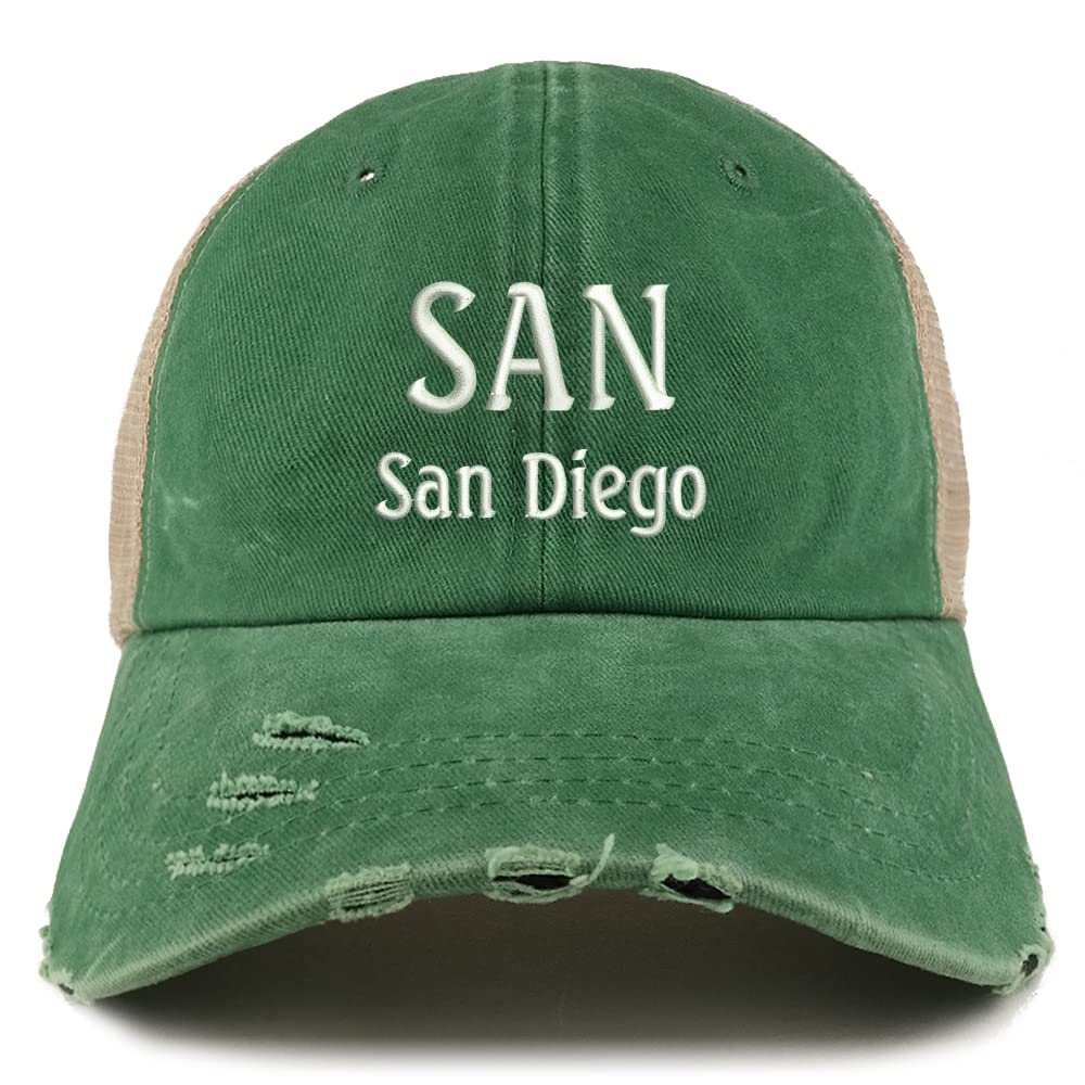 Trendy Apparel Shop SAN San Diego Embroidered Frayed Bill Trucker Mesh Back Cap
