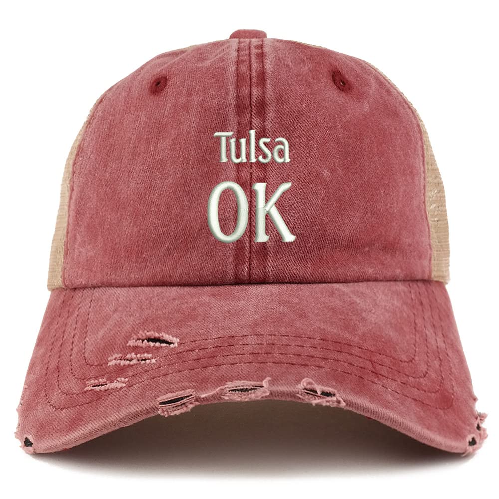 Trendy Apparel Shop Tulsa OK Embroidered Frayed Bill Trucker Mesh Back Cap