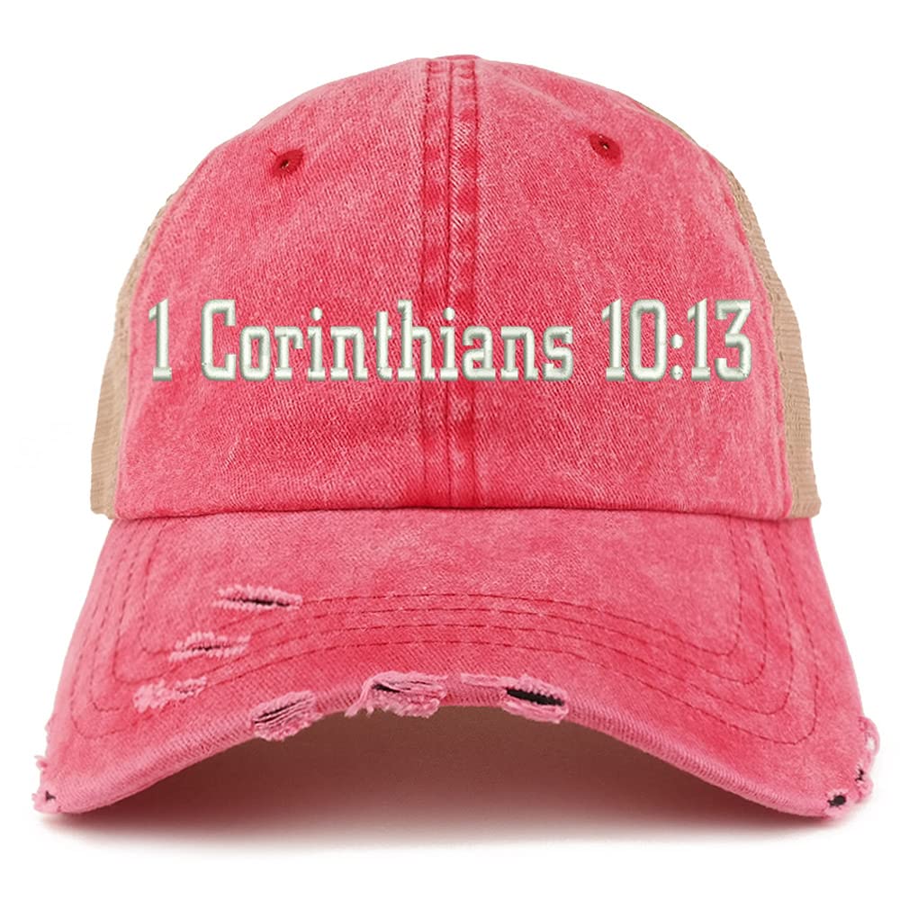 Trendy Apparel Shop 1 Corinthians 10:13 Frayed Bill Trucker Mesh Back Cap
