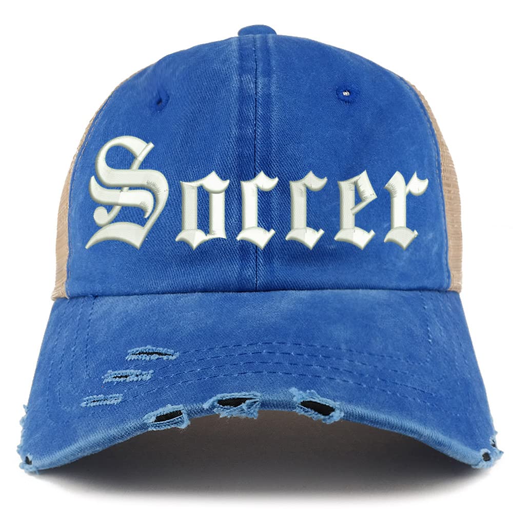 Trendy Apparel Shop Old English Soccer Frayed Bill Trucker Mesh Back Cap
