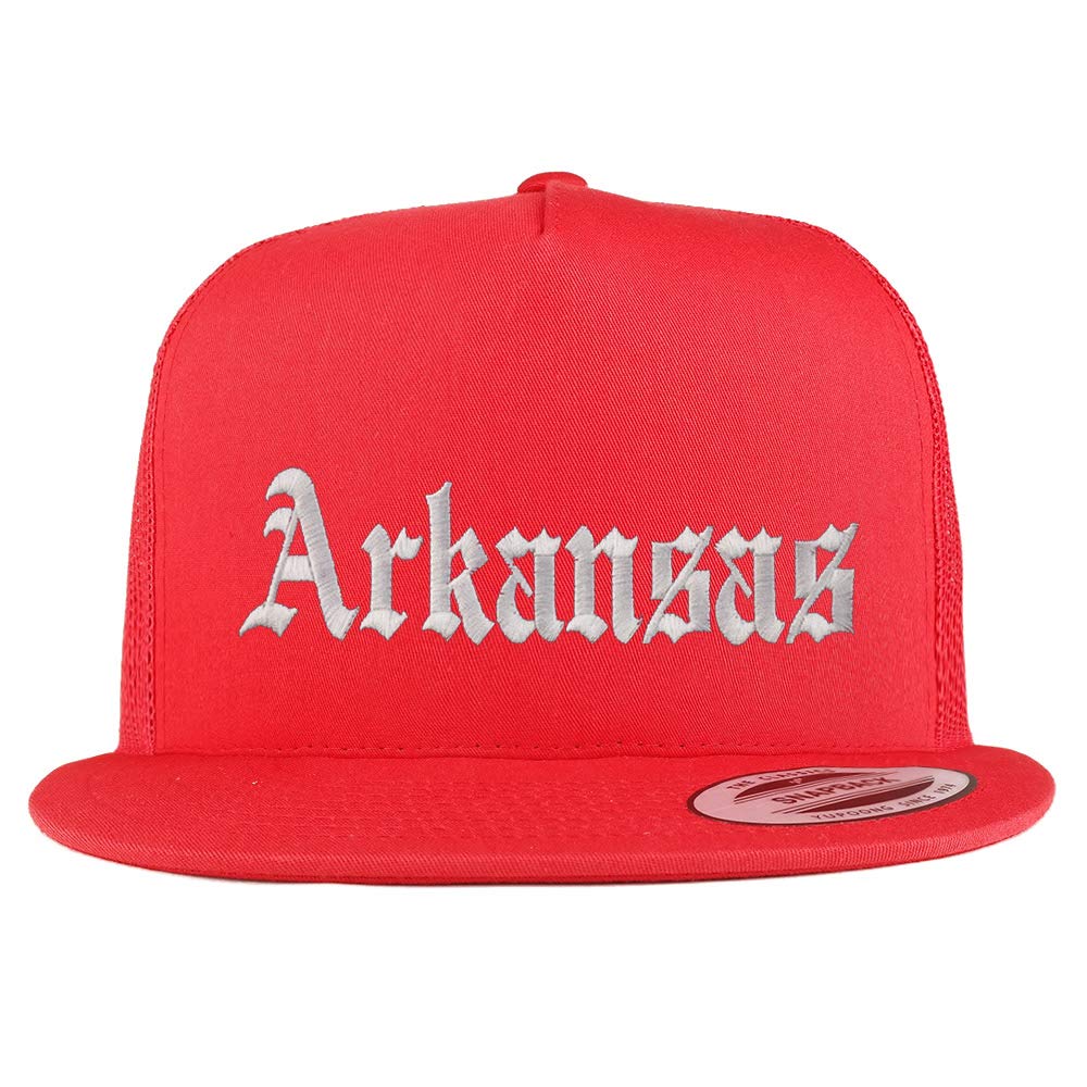 Trendy Apparel Shop Arkansas State Old English 5 Panel Flatbill Trucker Mesh Cap
