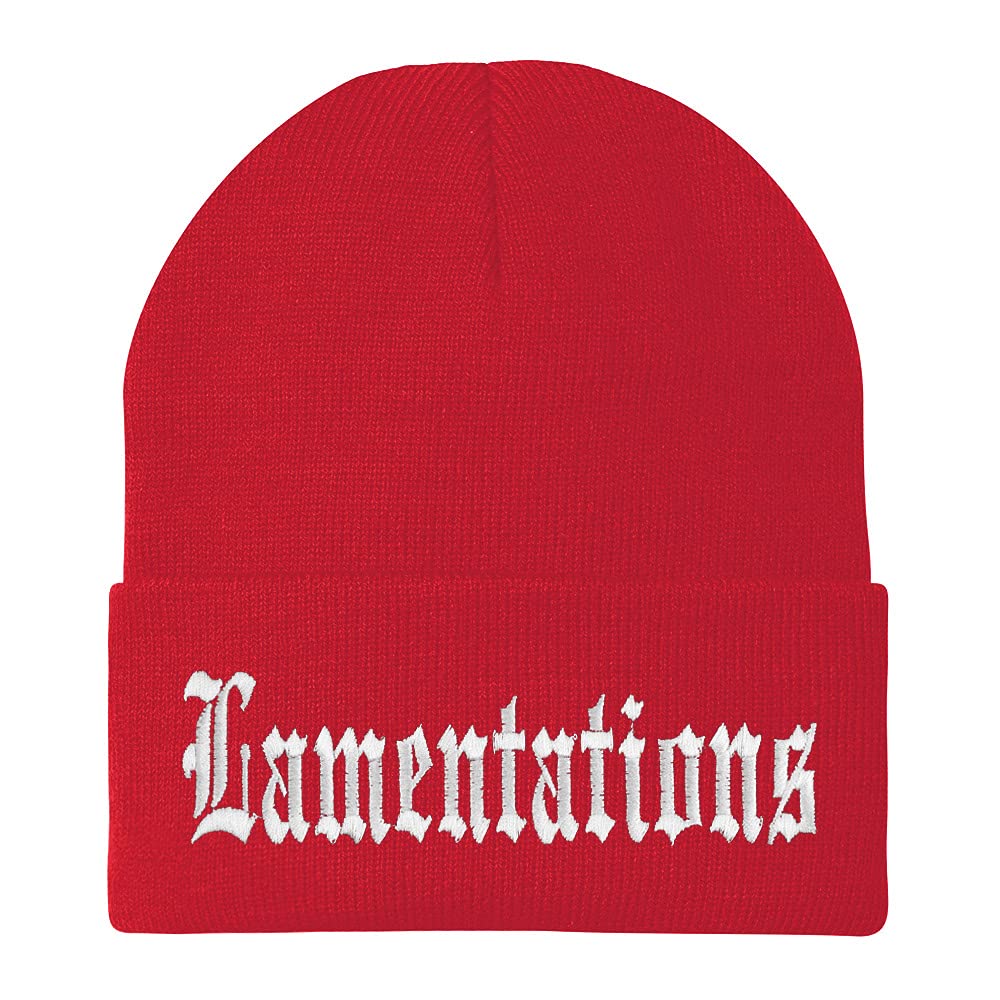 Trendy Apparel Shop Lamentations Old English Embroidered Long Cuff Beanie