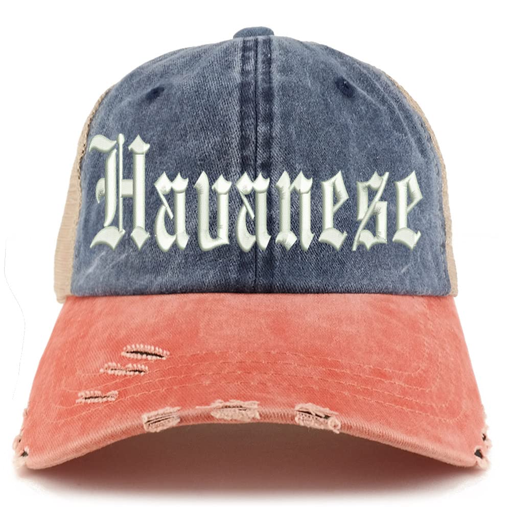 Trendy Apparel Shop Old English Havanese Frayed Bill Trucker Mesh Back Cap