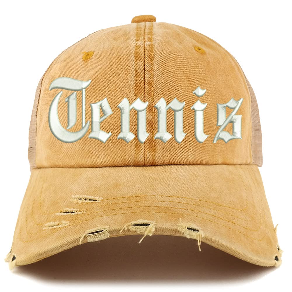 Trendy Apparel Shop Old English Tennis Frayed Bill Trucker Mesh Back Cap