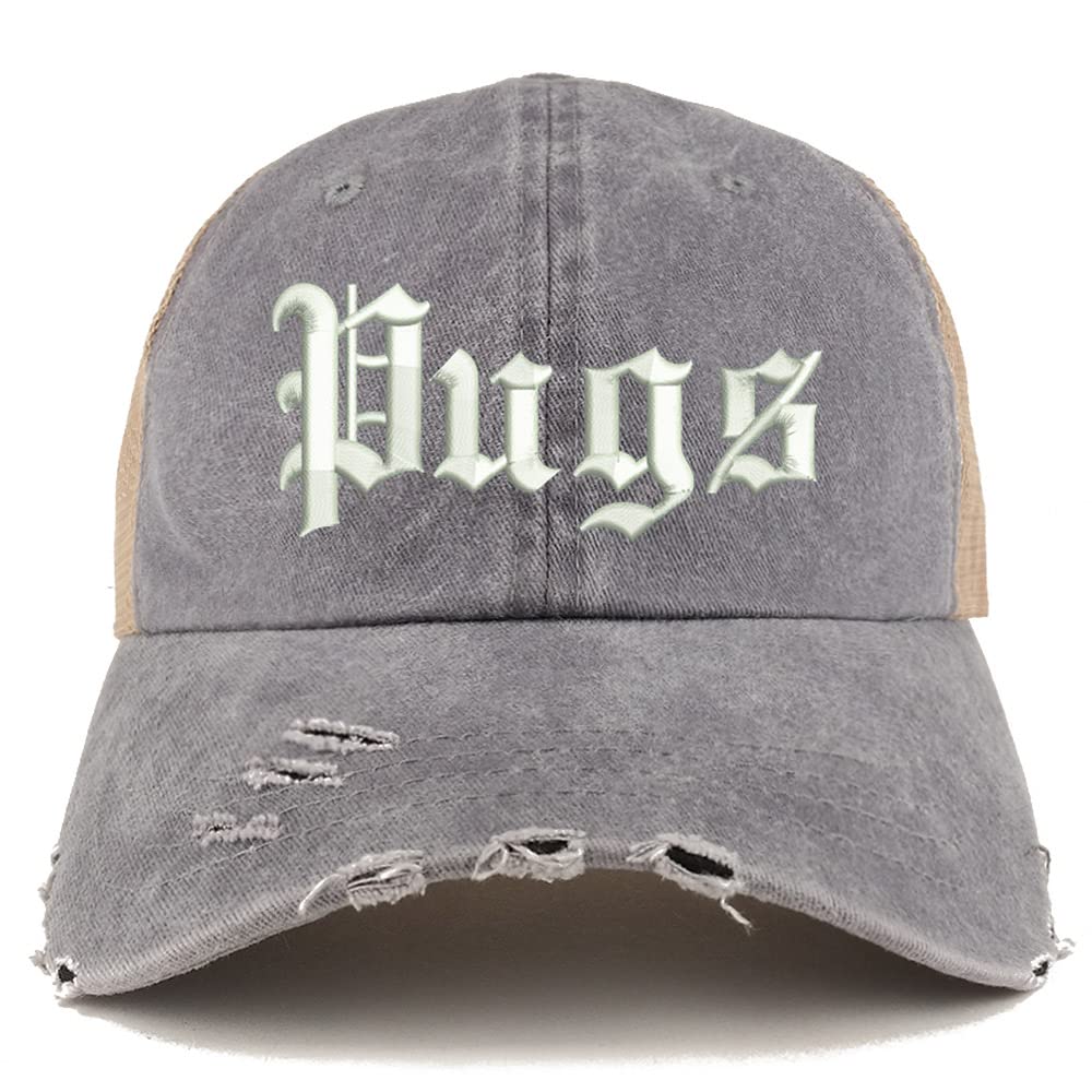 Trendy Apparel Shop Old English Pugs Frayed Bill Trucker Mesh Back Cap
