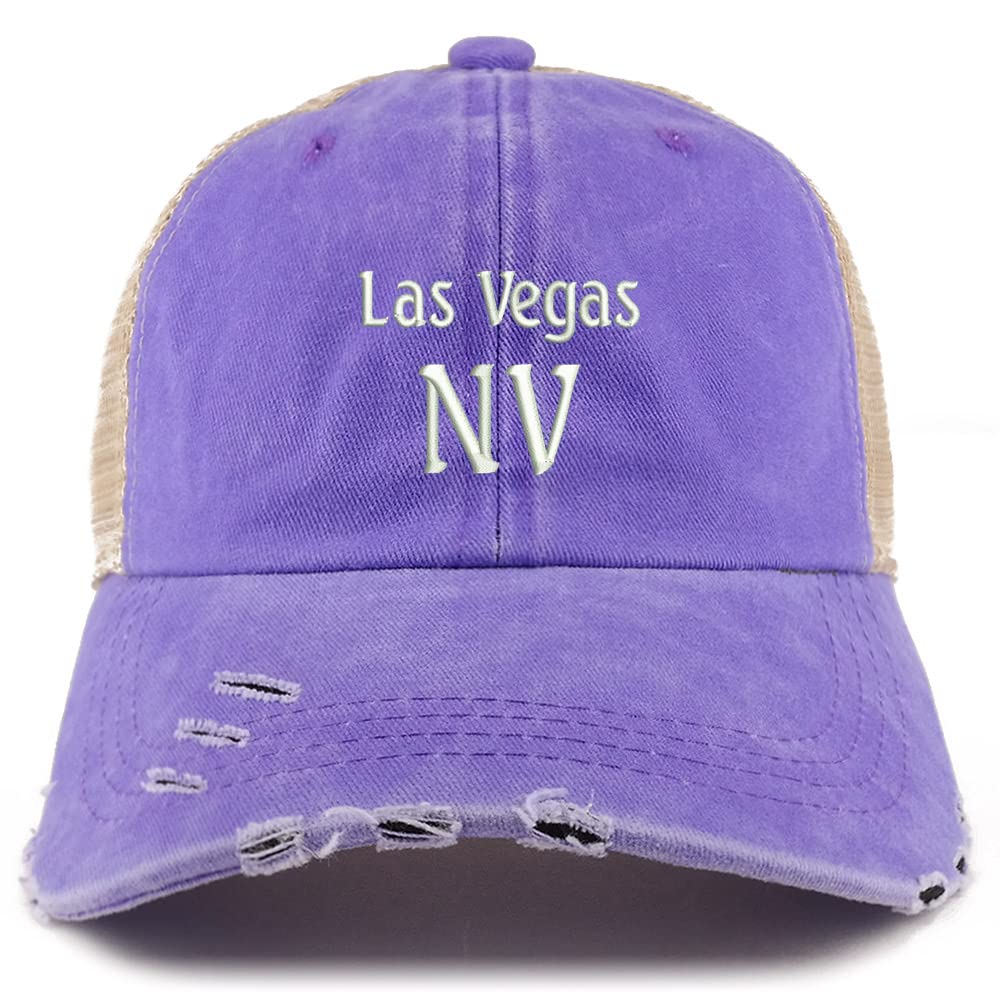 Trendy Apparel Shop Las Vegas NV Embroidered Frayed Bill Trucker Mesh Back Cap
