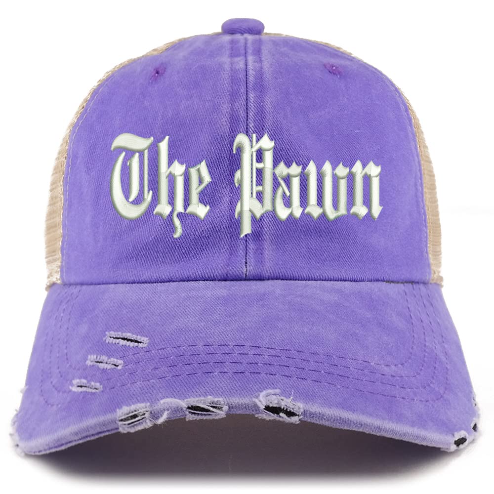 Trendy Apparel Shop The Pawn Old English Embroidered Frayed Bill Trucker Mesh Back Cap