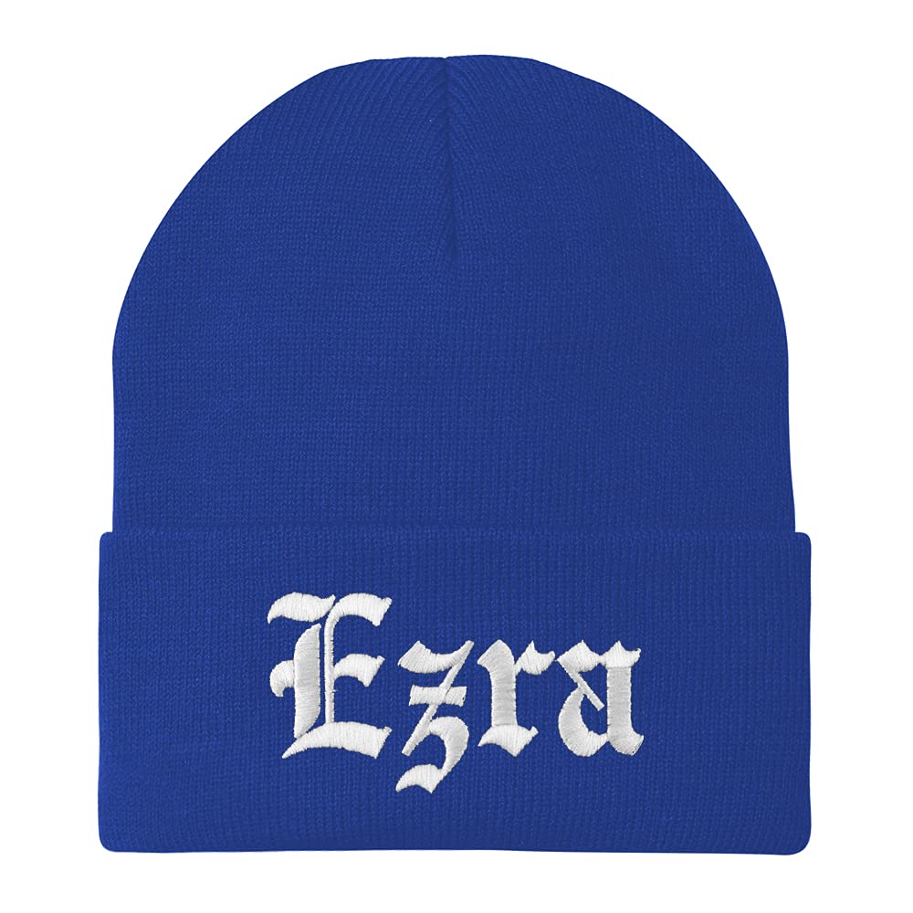 Trendy Apparel Shop Ezra Old English Embroidered Long Cuff Beanie