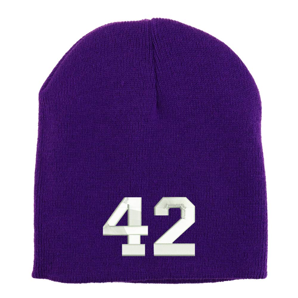 Trendy Apparel Shop Number 42 Collegiate Varsity Font Embroidered Made in USA Short Acrylic Knit Winter Beanie Hat