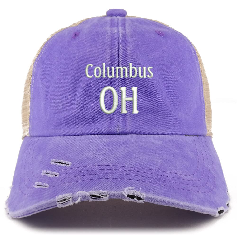 Trendy Apparel Shop Columbus OH Embroidered Frayed Bill Trucker Mesh Back Cap