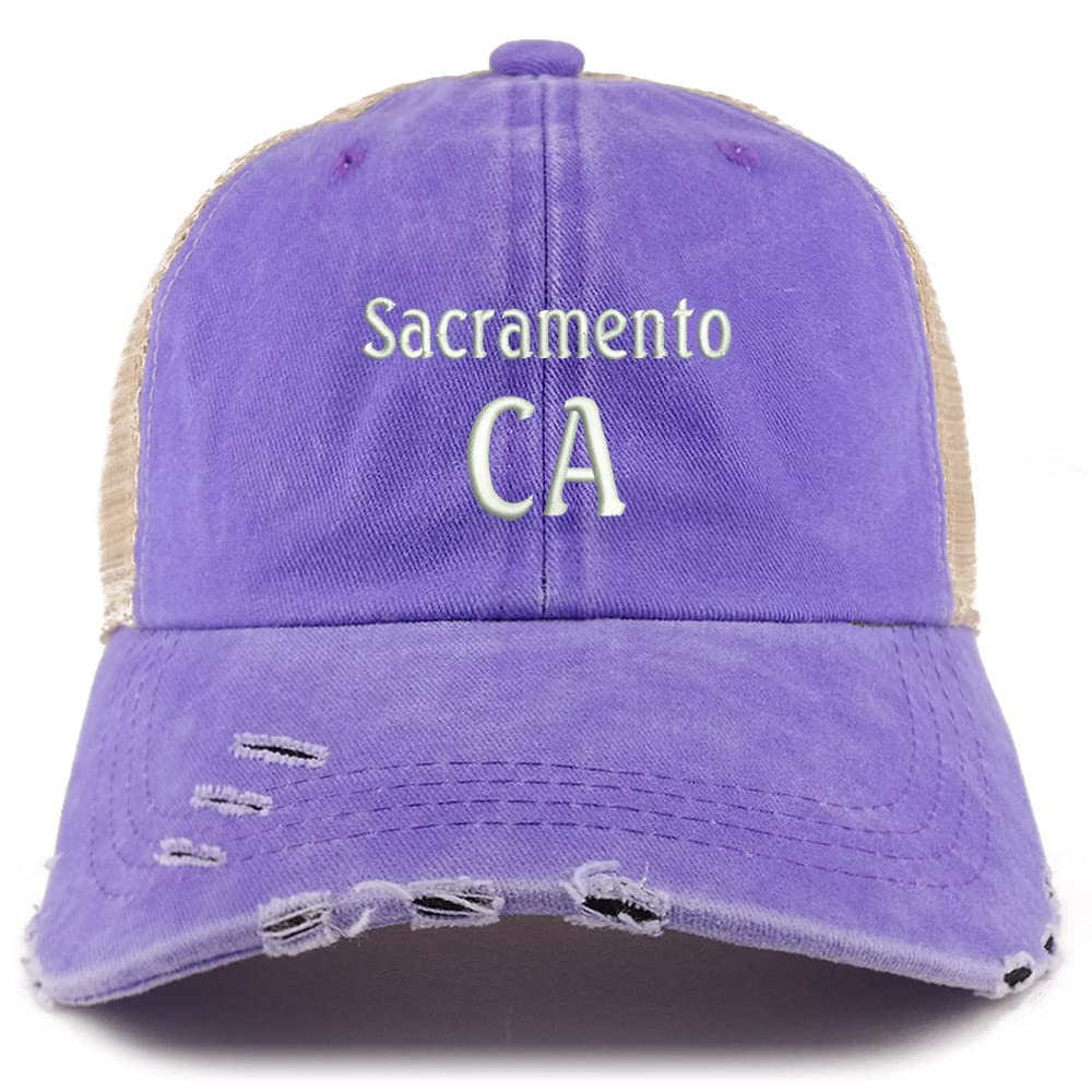 Trendy Apparel Shop Sacramento CA Embroidered Frayed Bill Trucker Mesh Back Cap