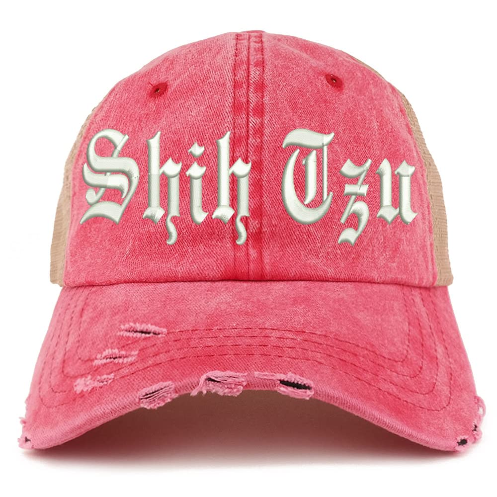 Trendy Apparel Shop Old English Shih Tzu Frayed Bill Trucker Mesh Back Cap