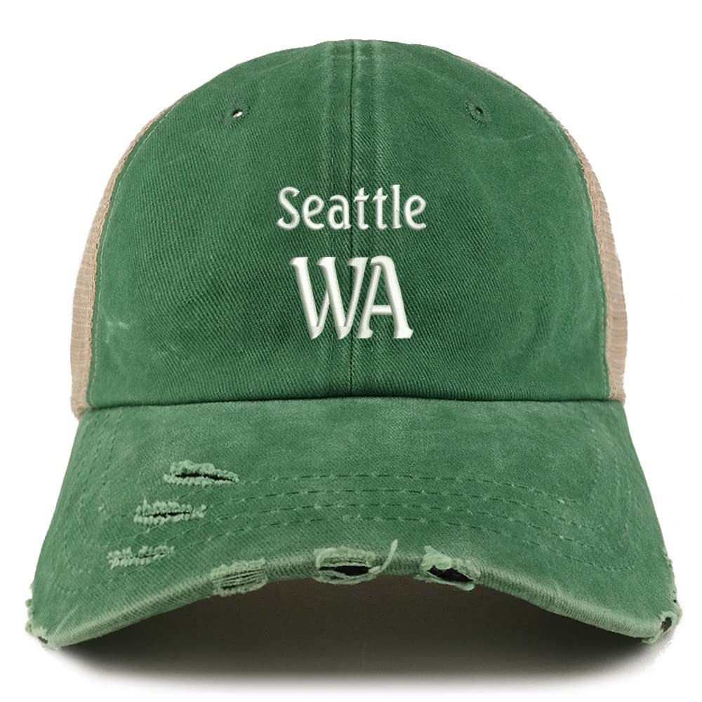 Trendy Apparel Shop Seattle WA Embroidered Frayed Bill Trucker Mesh Back Cap