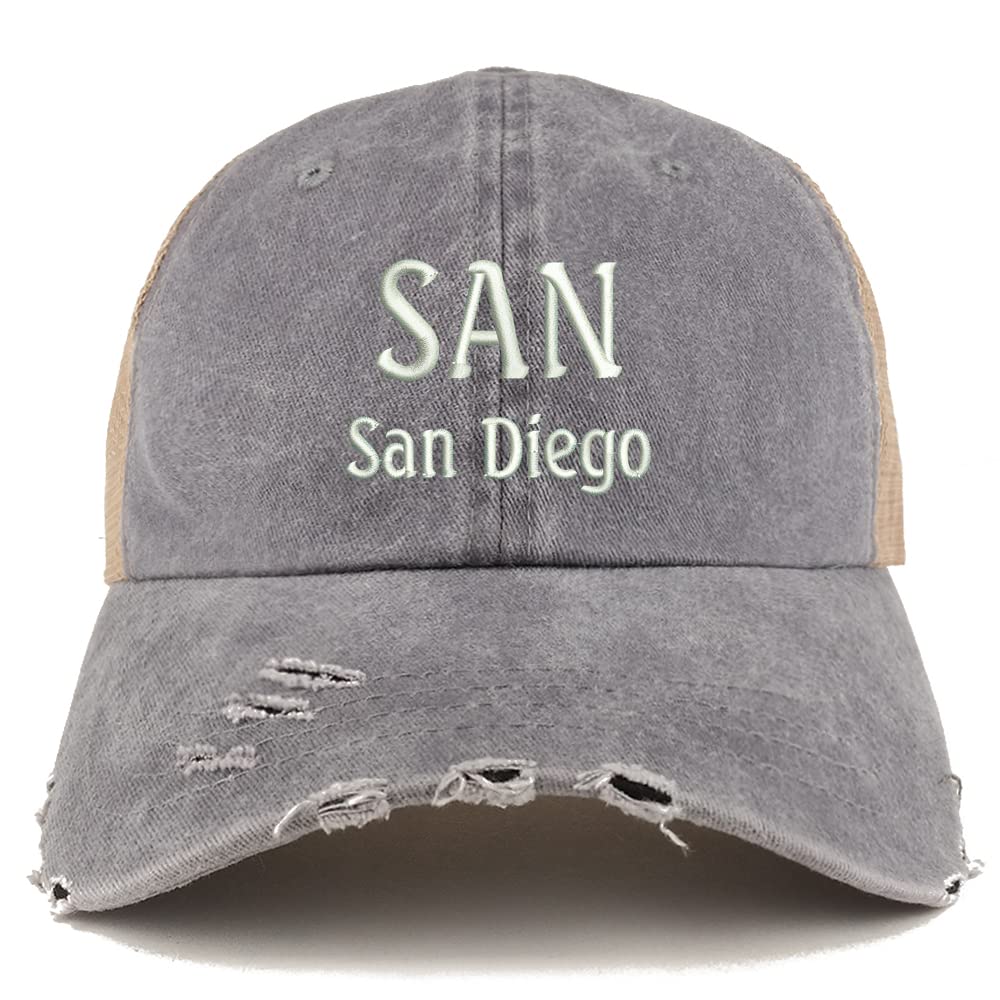 Trendy Apparel Shop SAN San Diego Embroidered Frayed Bill Trucker Mesh Back Cap