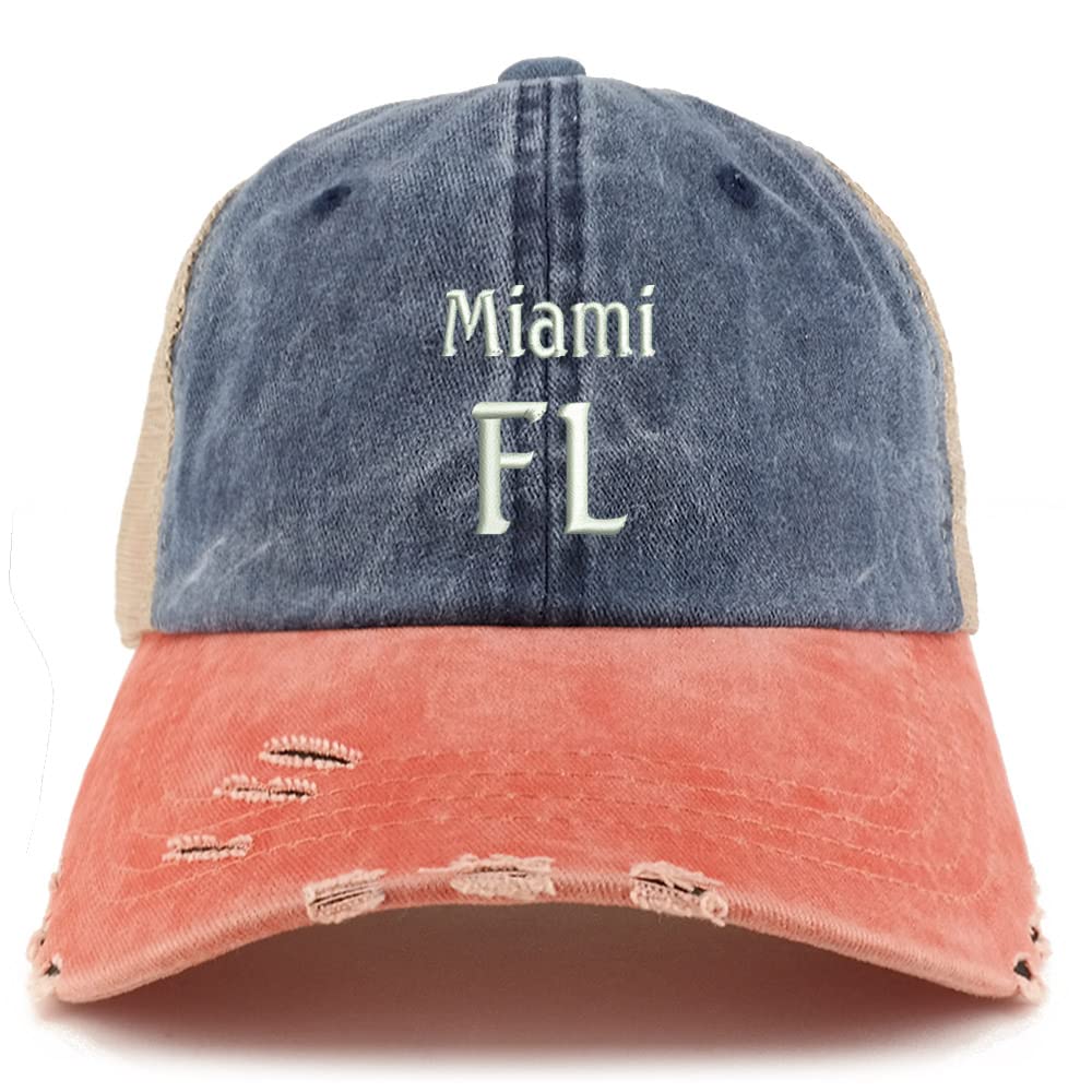 Trendy Apparel Shop Miami FL Embroidered Frayed Bill Trucker Mesh Back Cap