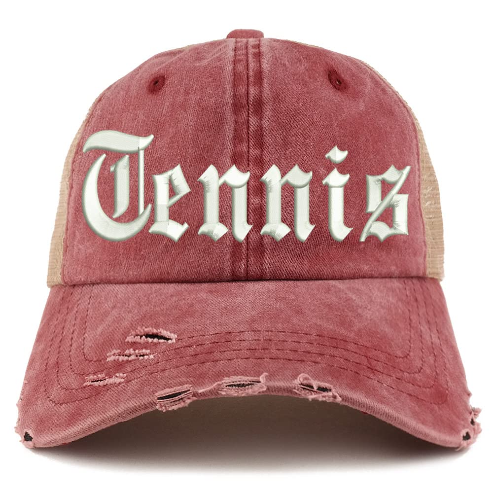 Trendy Apparel Shop Old English Tennis Frayed Bill Trucker Mesh Back Cap