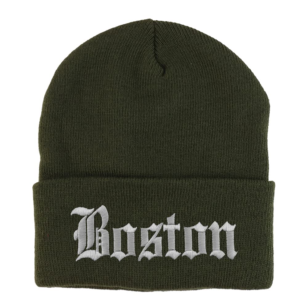 Trendy Apparel Shop Boston Old English Embroidered Long Cuff Beanie
