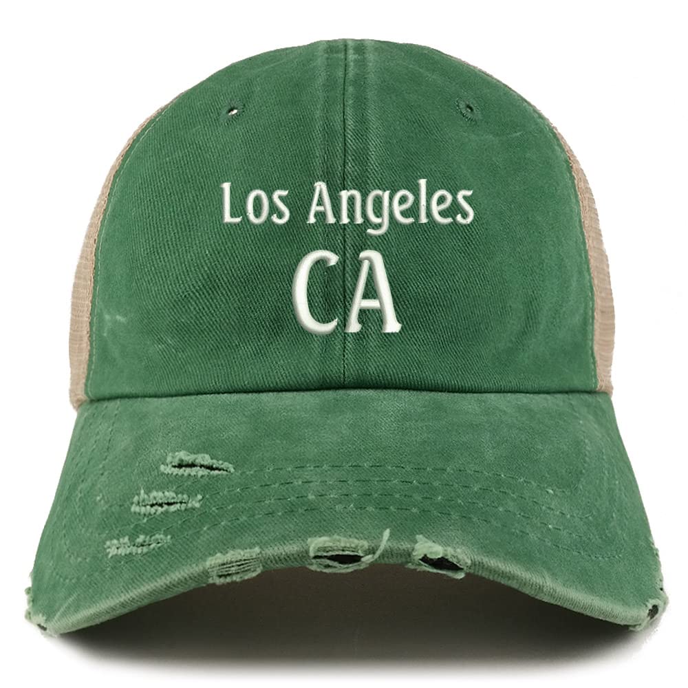 Trendy Apparel Shop Los Angeles CA Embroidered Frayed Bill Trucker Mesh Back Cap