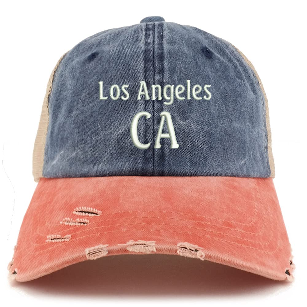 Trendy Apparel Shop Los Angeles CA Embroidered Frayed Bill Trucker Mesh Back Cap